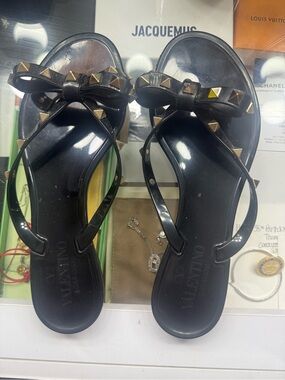 Valentino Black Jelly Bow Sandals with Gold Rockstuds